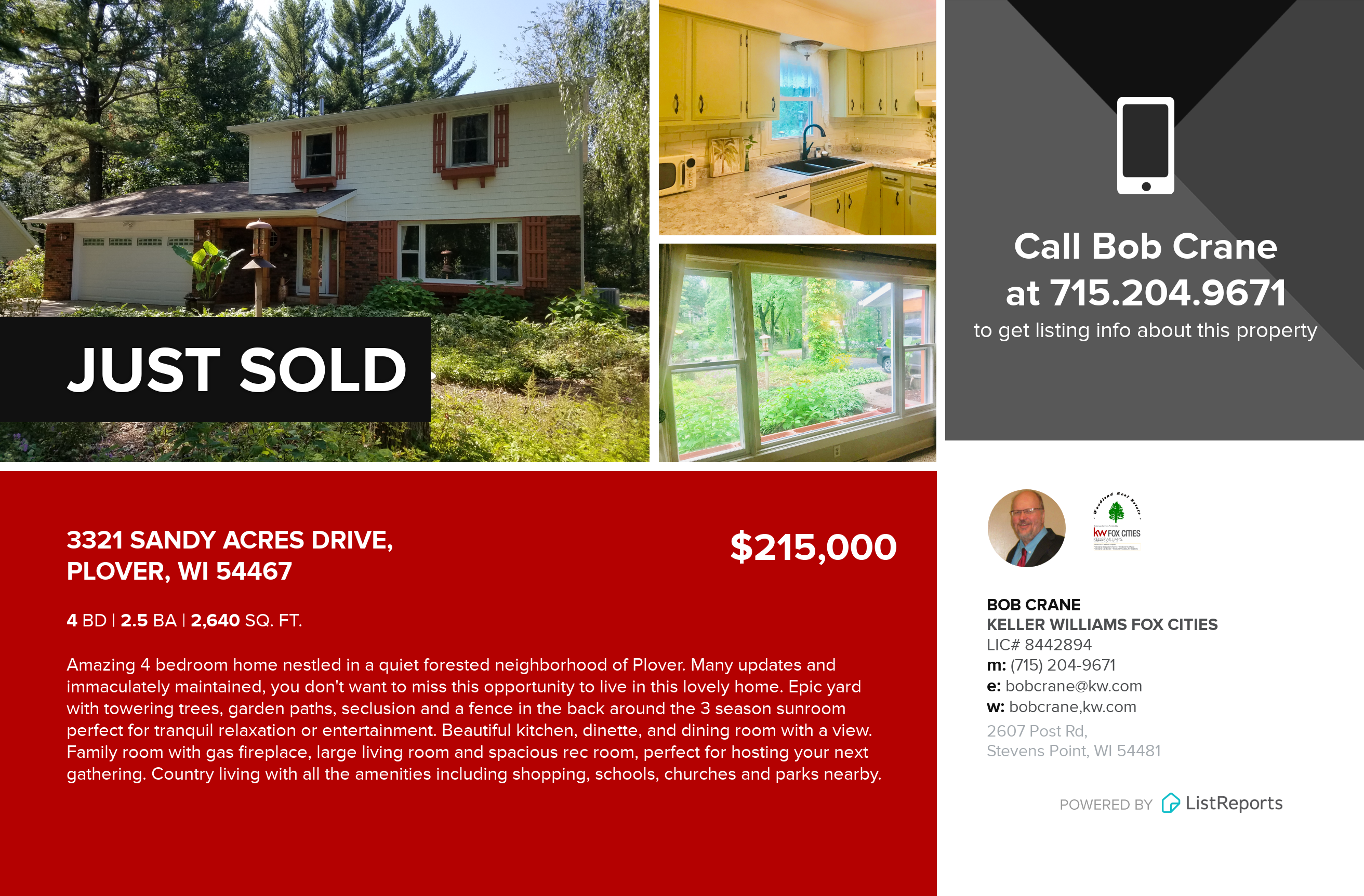 Another Plover Home SOLD, 3321 Sandy Acres Drive!