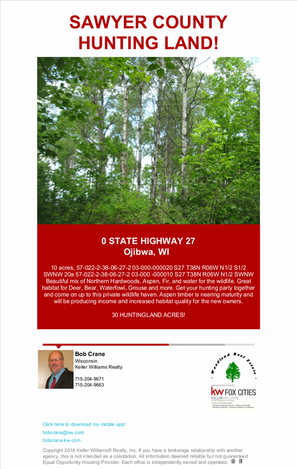 SAWYER COUNTY HUNTING LAND! STATE HIGHWAY 27Ojibwa, WI