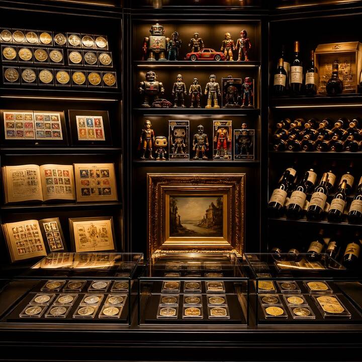 Investment Collectibles you may want to keep in 2026 4 Realistic_photo-style_images_of_investment_collectibles_arranged_in_a_sophisticated_collector's_display__rare_gold_and_silver_coins_in_protective_cases__valuable_postage_stamps_in_archival_albums__collectible_vintage_toys_and_limited-editio.jpg